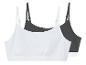 Un soutien-gorge de sport blanc et gris sans bretelles.