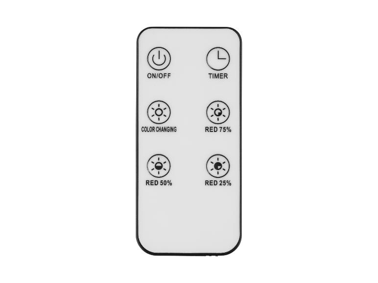 Télécommande avec boutons pour marche/arrêt, minuterie, changement de couleur et intensité de la lumière rouge.
