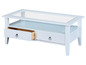 Table basse blanche avec plateau en verre et tiroir.