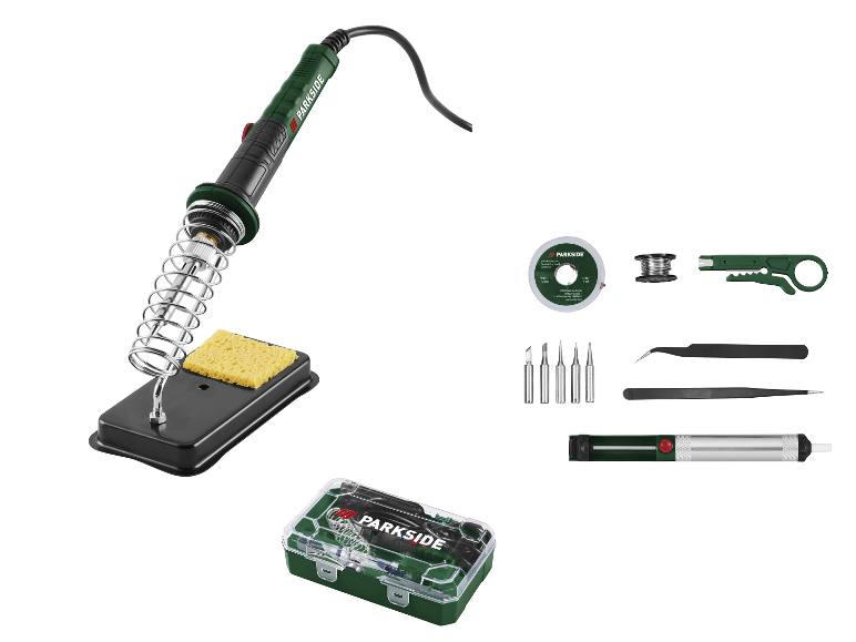 Kit de fer à souder avec support, éponge, soudure, tresse à dessouder, pointes, pinces et dénudeur.