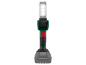 Lampe de travail sans fil avec tête grise, corps vert, gâchette rouge et batterie grise.