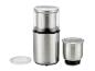 Moulin à café et épices en acier inoxydable avec deux récipients et couvercles transparents.