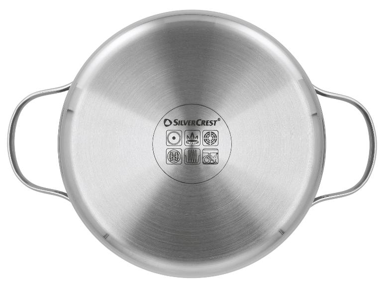 Casserole en acier inoxydable avec fond à induction et symboles pour plaques.