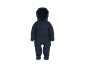 Combinaison de neige bleue pour bébé avec capuche et emblème d'ours.