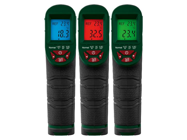Trois thermomètres numériques avec des écrans de couleurs différentes affichant des températures.