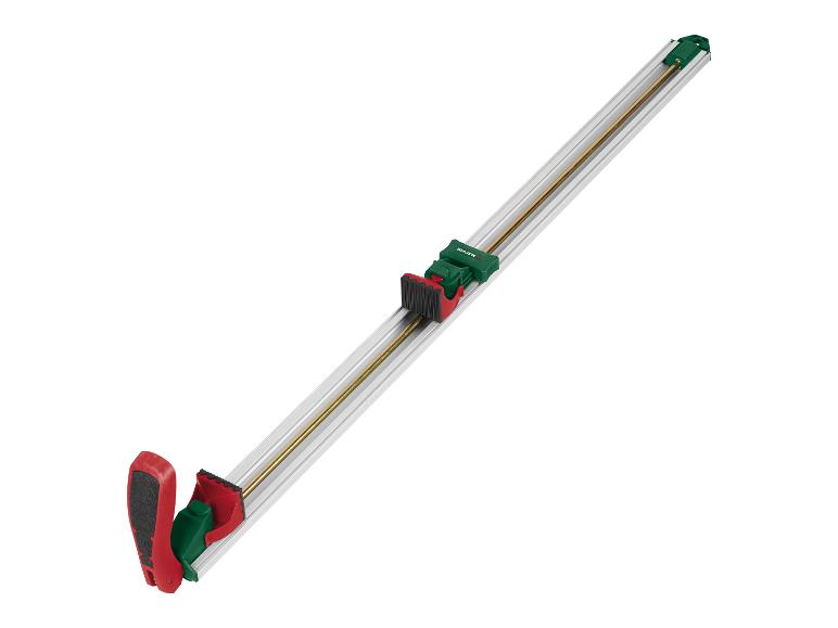 Serre-joint à vis PARKSIDE rouge, vert et argenté, avec une longue tige métallique.