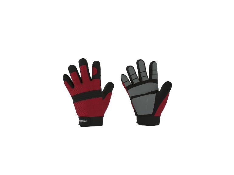 Gants de travail rouges et noirs avec détails gris, vus du dessus et du dessous.