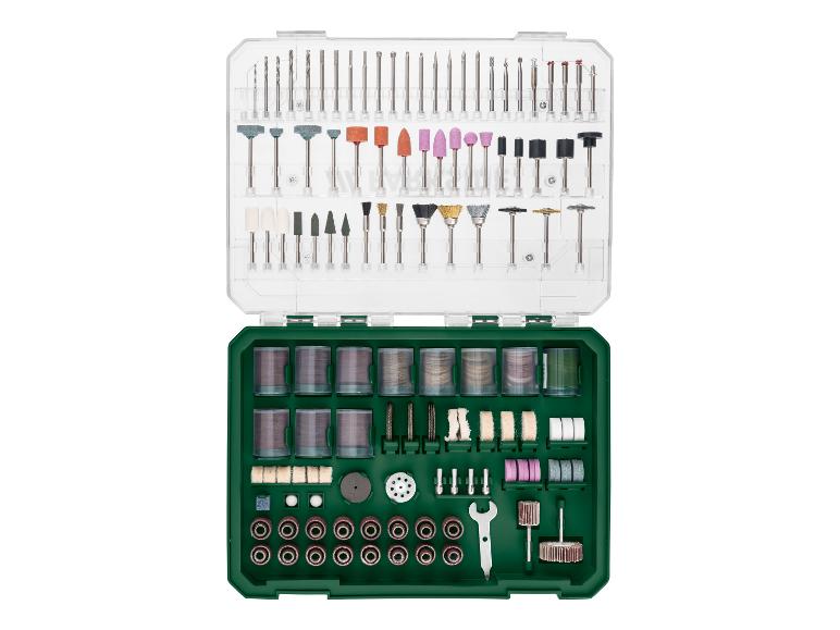 Kit d'accessoires pour outils rotatifs avec forets, meules, brosses et disques de ponçage.
