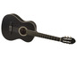 Une guitare acoustique noire avec une table en bois.