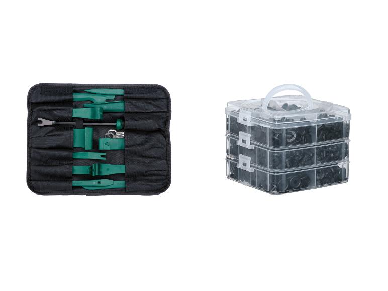 Ensemble d'outils verts dans une pochette noire enroulable et un conteneur transparent avec des attaches noires.