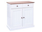 Commode en bois blanche avec deux tiroirs et deux portes.