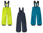 Trois paires de pantalons de ski avec bretelles de différentes couleurs.