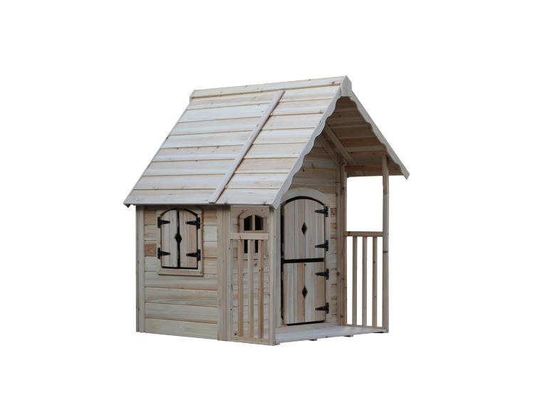 Maisonnette en bois avec petite véranda et porte cintrée, isolée sur blanc.