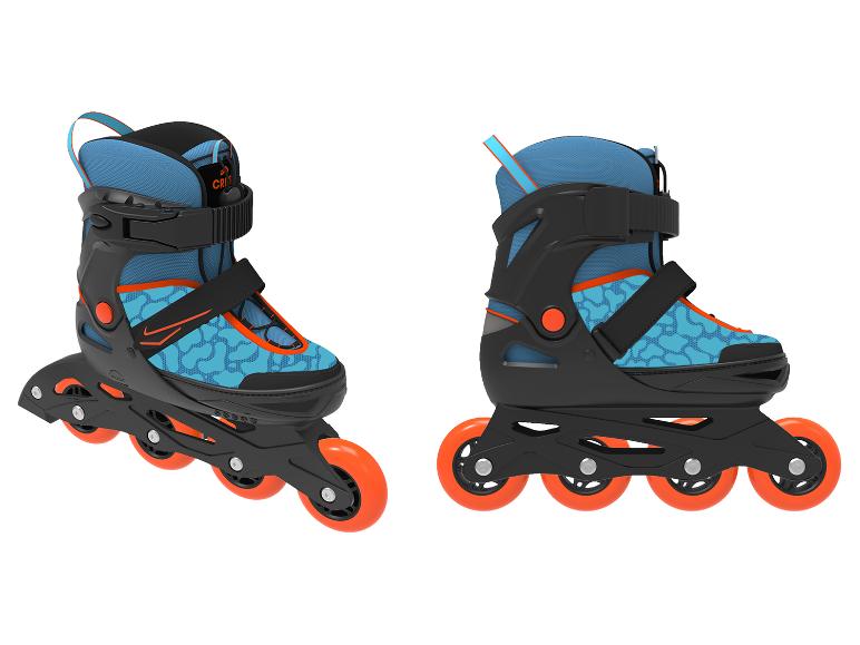 Rollers Crit bleu et noir, roues oranges.