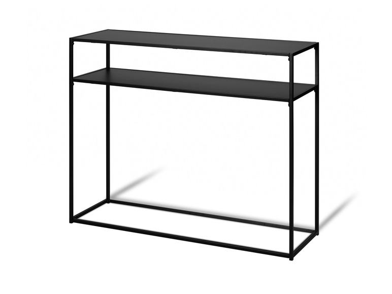 Une console noire avec deux étagères.