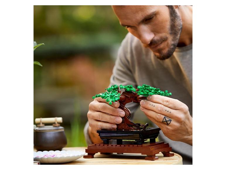 Un homme construit un arbre bonsai LEGO.