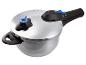 Autocuiseur de cuisine en acier inoxydable avec poignée noire et valve de contrôle bleue.