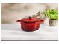 Cocotte en fonte rouge sur un comptoir blanc avec un plant de basilic.