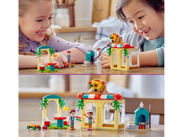 LEGO Friends pizzeria avec four à pizza et terrasse.