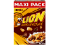 Maxi pack de céréales caramel et chocolat avec une image de lion et un bol de lait.