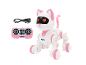 Chat robot blanc et rose avec télécommande et câble de chargement.