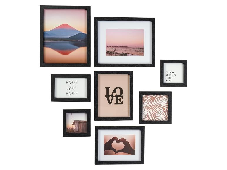 Ensemble de cadres photo noirs avec des images de paysages, de feuilles et des textes comme 'HAPPY LOVE HAPPY' et 'LOVE'.