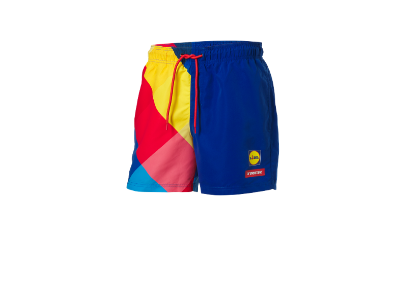 Short de bain homme au design coloré avec logos d'équipe, cordon rouge.