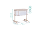 Lit bébé beige avec dimensions (90x67,5 cm, hauteur 80-84 cm) et informations de poids (6,9 kg, max. 9 kg).
