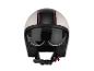 Un casque de moto blanc avec une visière noire et des rayures rouges.