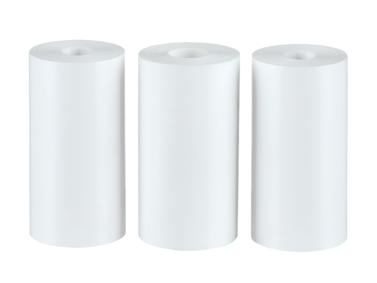 Trois rouleaux blancs de papier toilette ou d'essuie-tout, disposés verticalement.