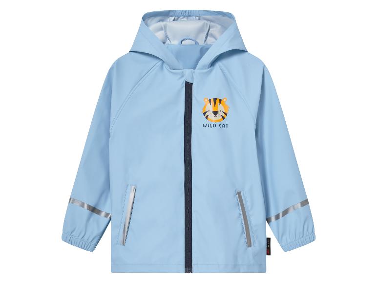 Un imperméable bleu pour enfant avec un motif de tigre.