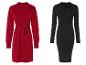 Deux robes à paillettes à manches longues : une rouge avec ceinture et une noire.