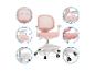 Chaise de bureau rose pour enfant avec fonctions réglables et roulettes.