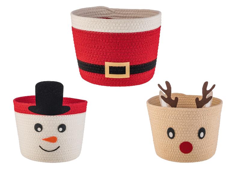 Paniers décoratifs de Noël LIVARNO® aux motifs de Père Noël, bonhomme de neige et renne.