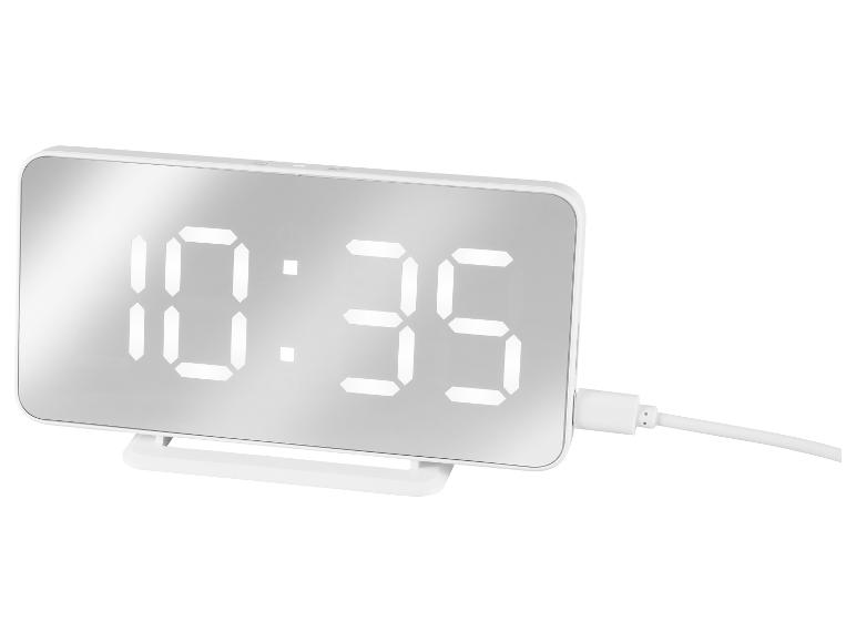 Réveil numérique avec écran miroir et câble USB blanc