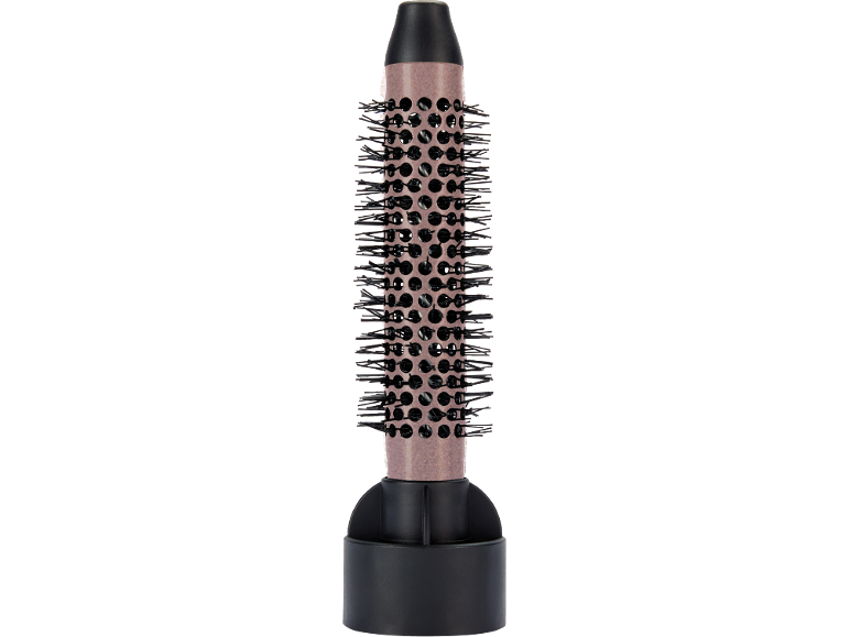 Brosse ronde avec des poils noirs et un corps de brosse rose.
