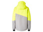Une veste grise et jaune fluo avec une capuche.