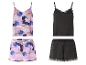Pyjamas femme : tops et shorts en soie à imprimés abstraits et ensembles soie noire à dentelle.