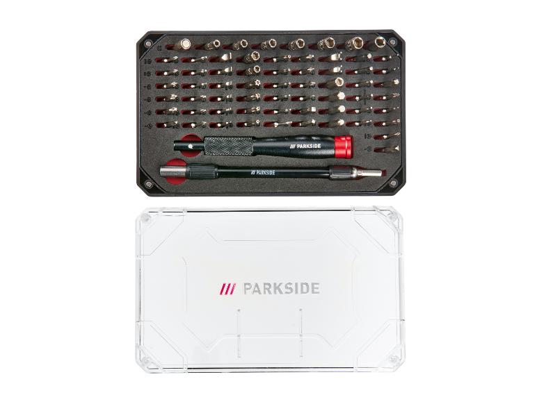 PARKSIDE, jeu de tournevis 60 pièces avec deux poignées dans un boîtier de rangement noir.