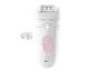 Épilateur électrique avec panneau de commande rose et brosse de nettoyage.