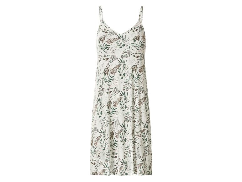 Robe longue à bretelles avec imprimé floral de feuilles vertes et marron.