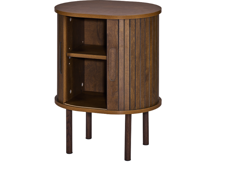 Meuble rond en bois marron avec portes coulissantes et étagères intérieures.