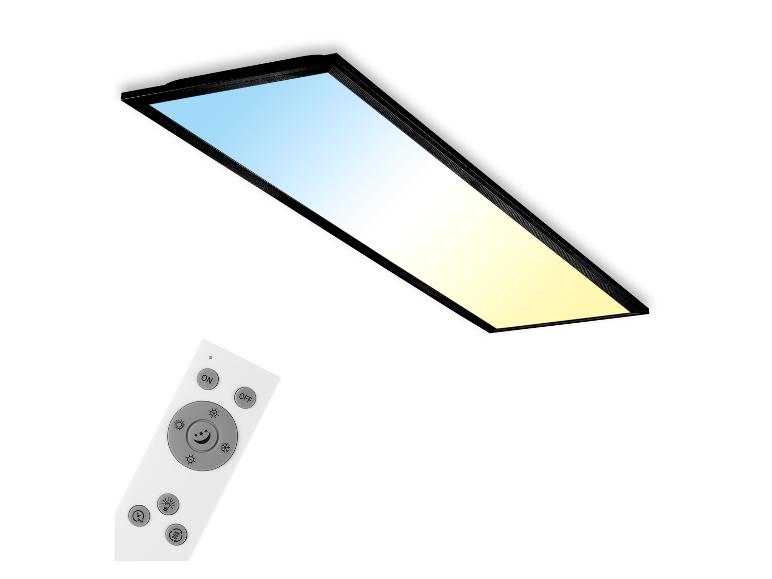 Panneau LED avec télécommande, affichant une température de couleur réglable du bleu au jaune.