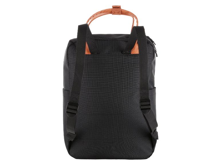 Sac à dos noir avec poignées marron et bretelles réglables, vue arrière.