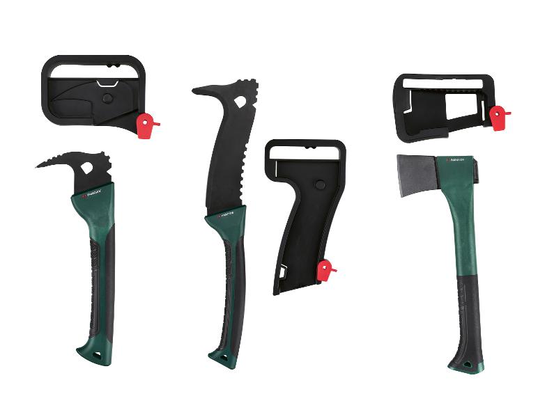 Outils Parkside : hache, couteau et pioche avec manches et étuis détachables.