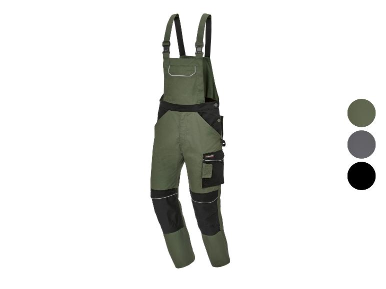 Salopette de travail Parkside vert olive avec des détails noirs, disponible en trois couleurs.