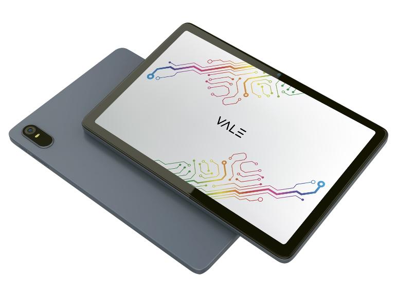 Tablette grise avec un graphique coloré ressemblant à un circuit imprimé et le texte 'VALE' à l'écran.