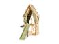 Cabane de jeu en bois avec toboggan vert et toit en tissu, idéale pour les enfants.