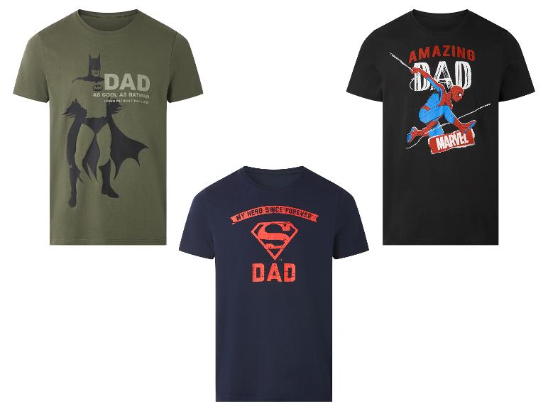 Trois t-shirts pour homme sur le thème des super-héros : Batman, Superman et Spider-Man.