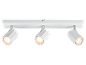 Spot sur rail blanc avec trois lumières orientables, éclairage chaud.